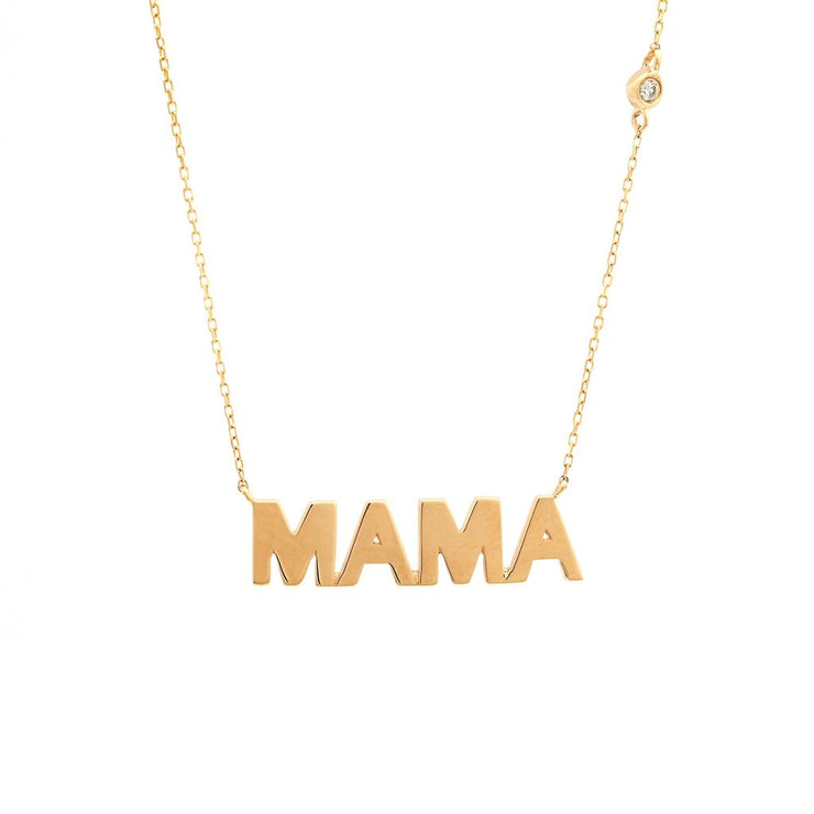 Solid Gold Mama Necklace with Diamond Bezel